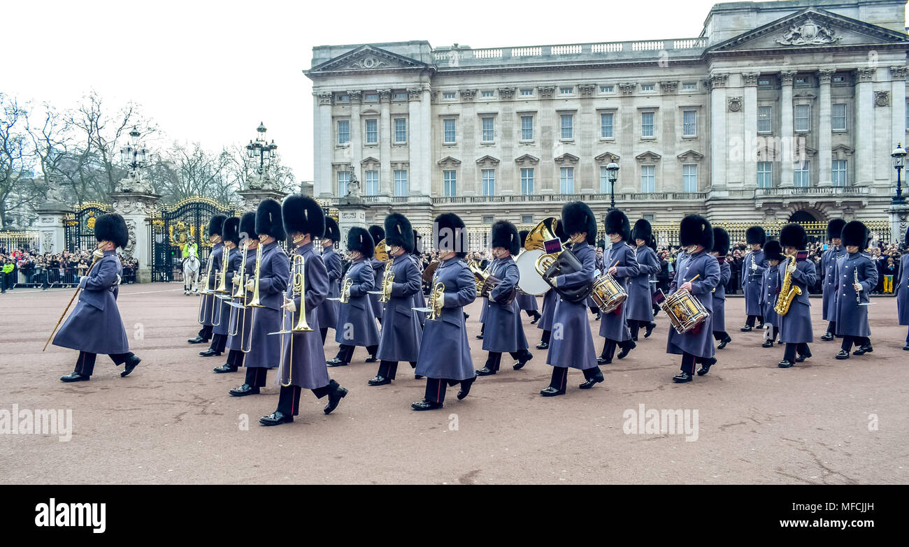 London / England - 02.07.2017: Royal Guard Music parade marching at the Buckingham Palace.  Trumpet players squad. Stock Photo