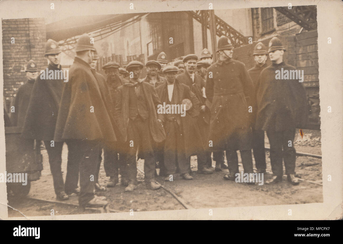 Real Photographic Postcard of Police and Coalmine Workers During Welsh Coal Strike. Stock Photo