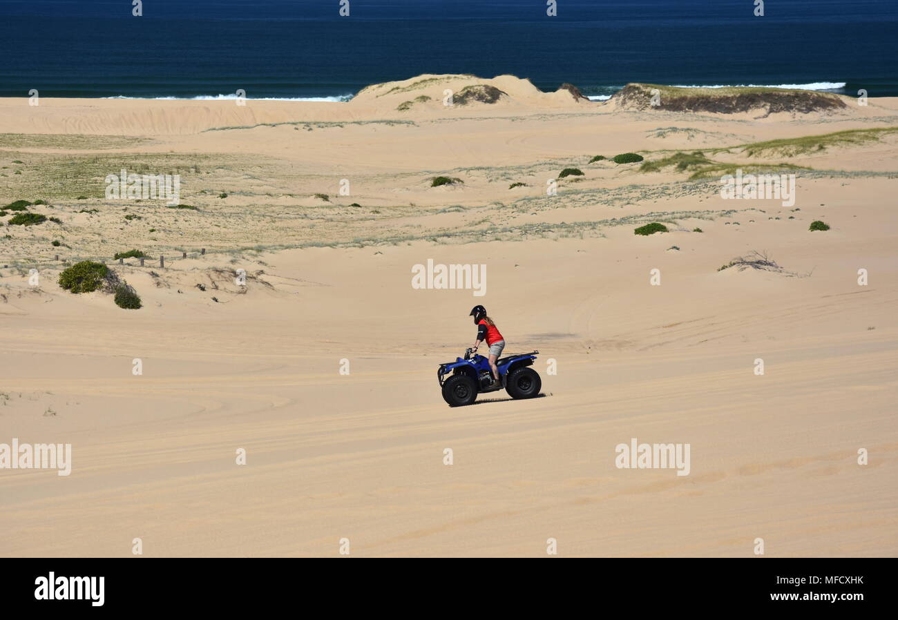 Happy quad bikers driving in sand dunes at Anna bay (Newcastle, NSW, Australia). Active people