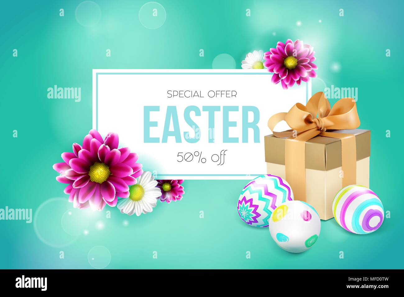 Easter card with gift box, eggs and flowers Stock Vector