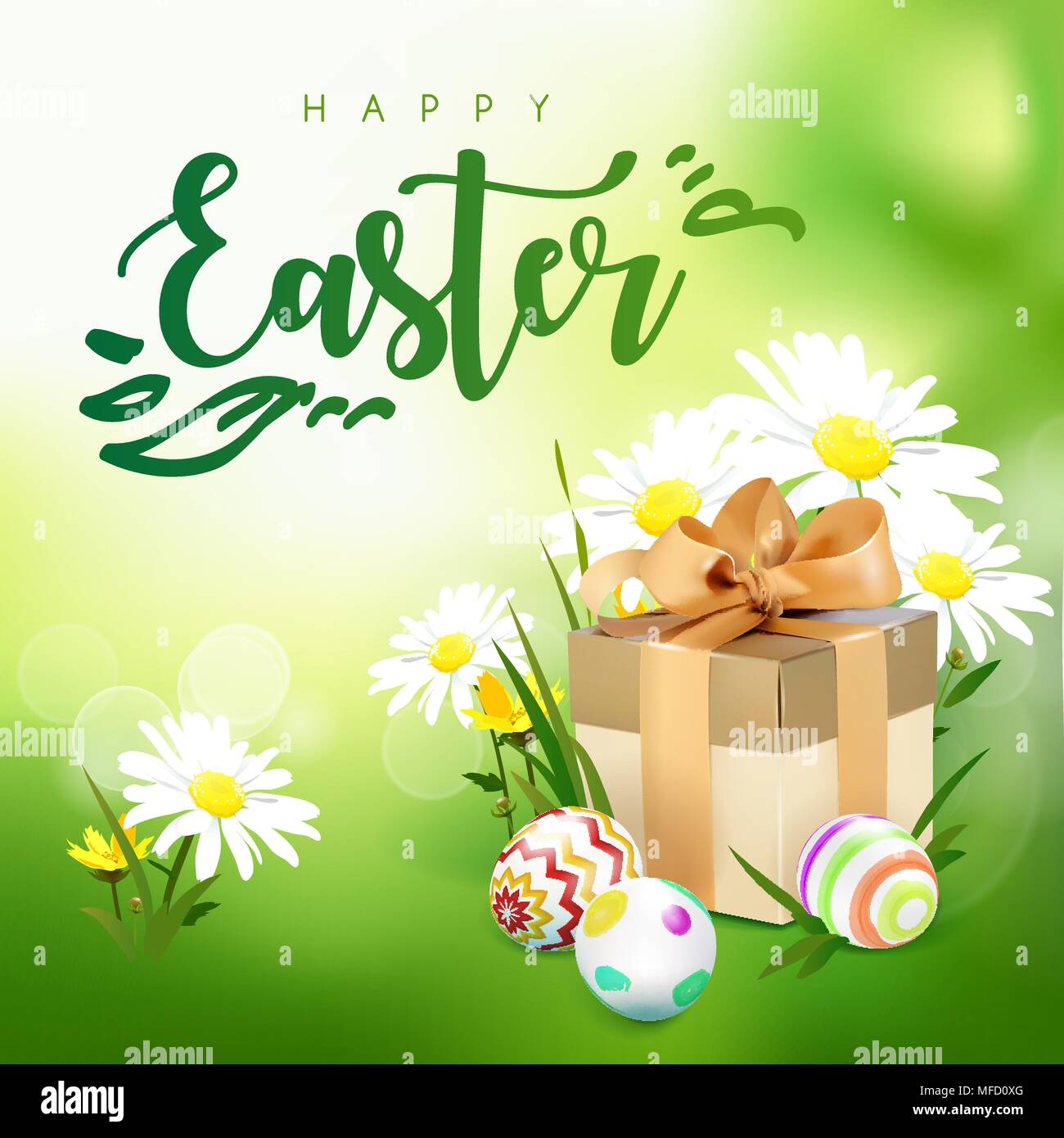 Easter card with gift box, eggs and flowers Stock Vector