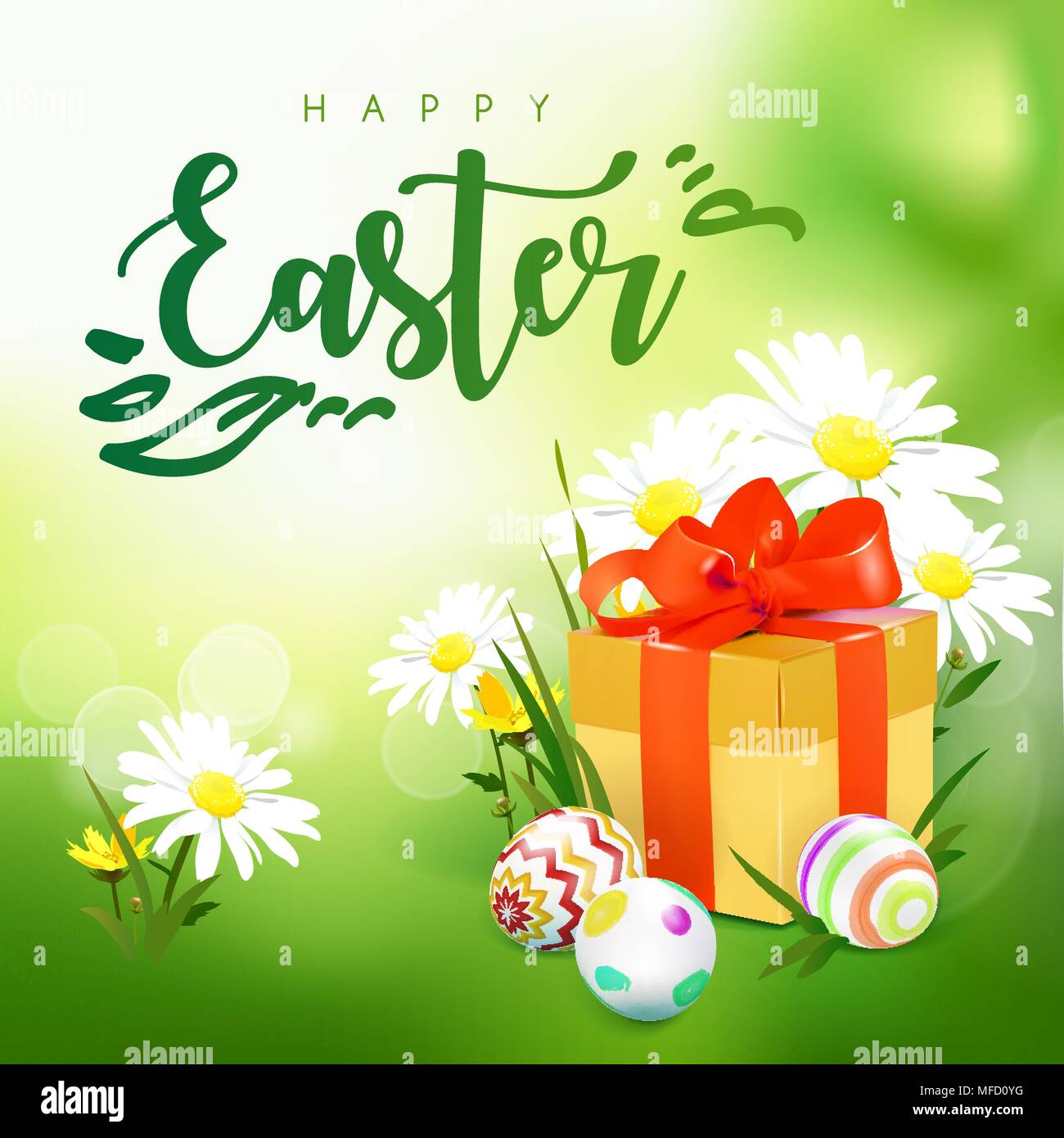 Easter card with gift box, eggs and flowers Stock Vector