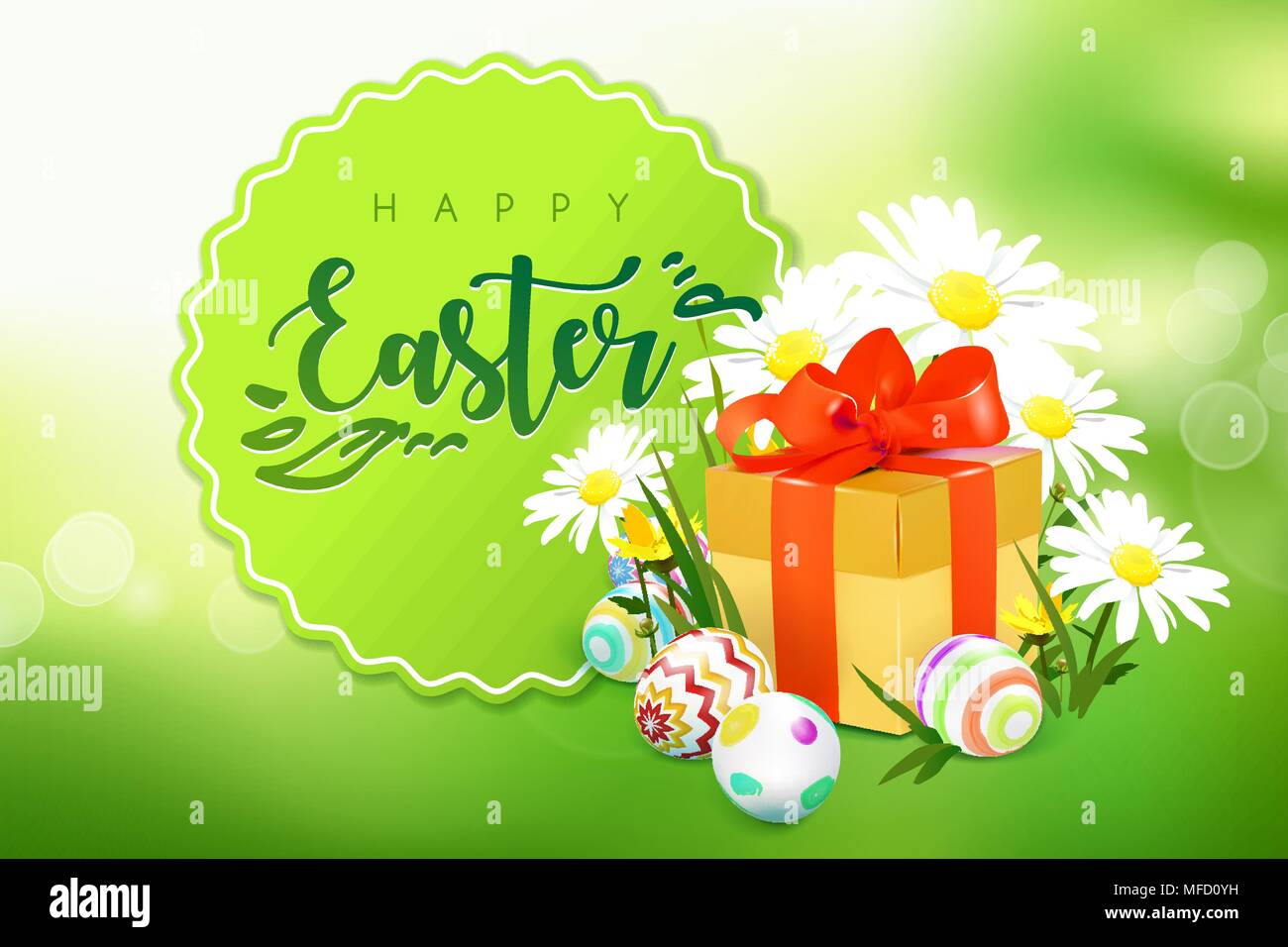 Easter card with gift box, eggs and flowers Stock Vector