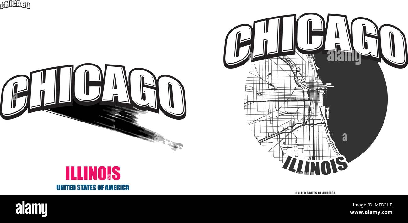 Chicago, Illinois, logo design. Two in one vector arts. Big logo with vintage letters with nice colored background and one-color-version with map for  Stock Vector