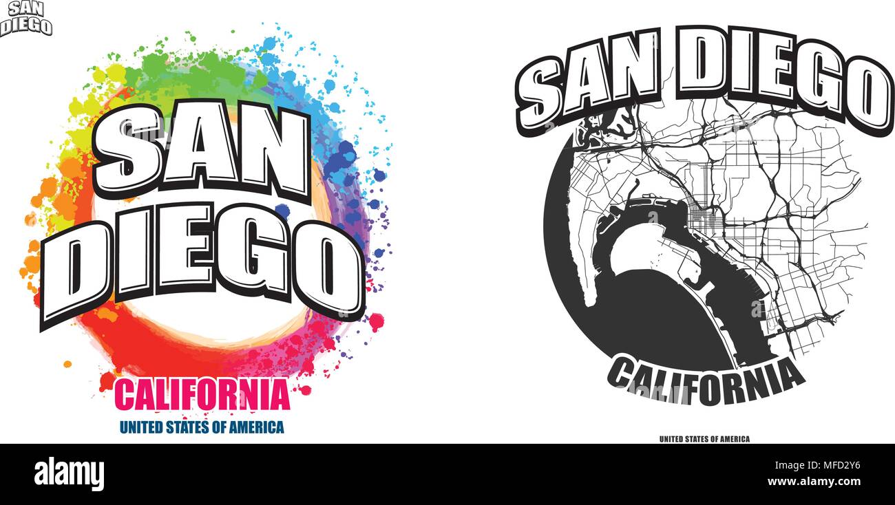 San Diego, California, logo design. Two in one vector arts. Big logo with vintage letters with nice colored background and one-color-version with map  Stock Vector