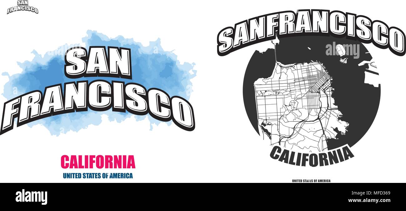 San Francisco, California, logo design. Two in one vector arts. Big logo with vintage letters with nice colored background and one-color-version with  Stock Vector