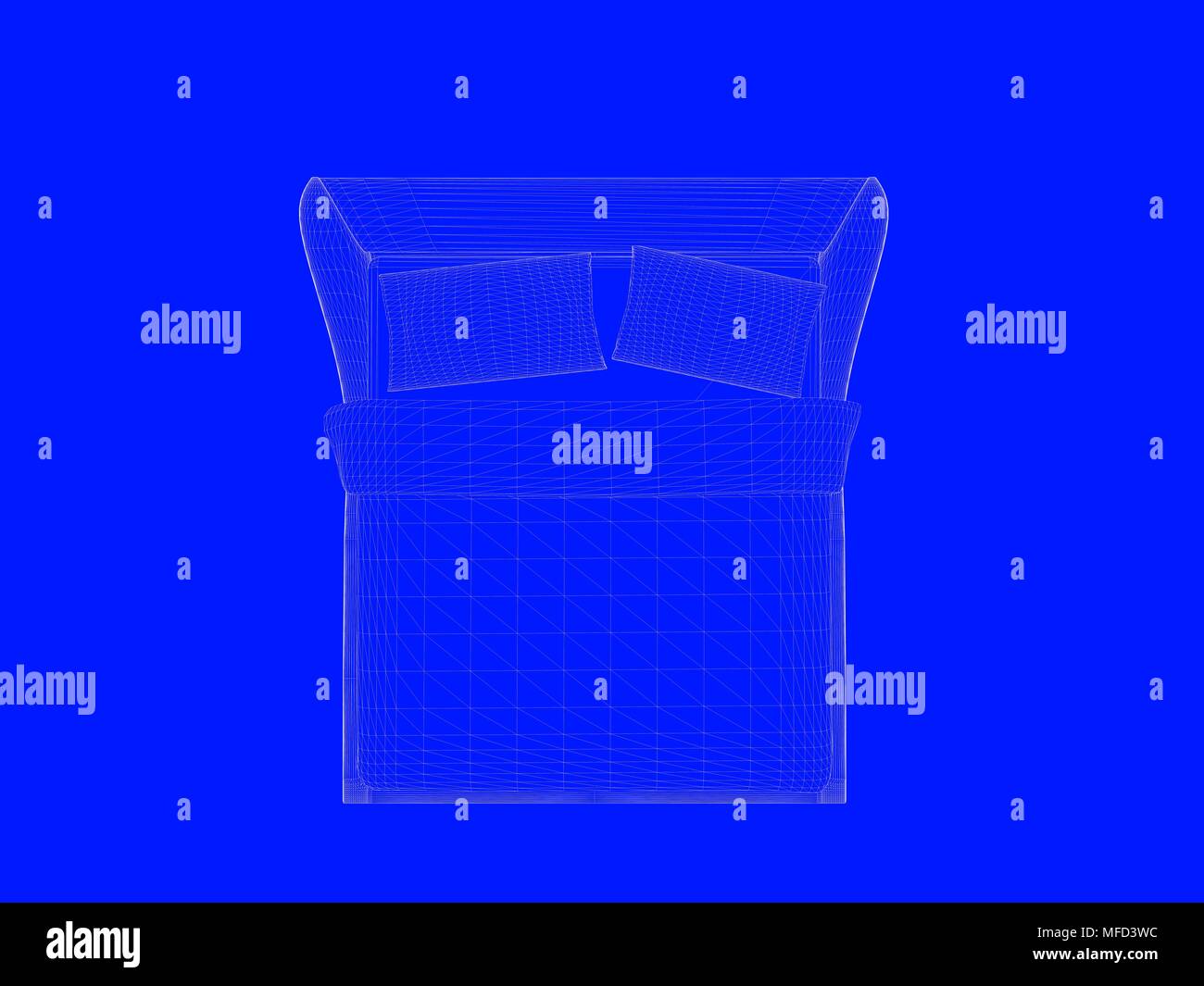 3d rendering of a bed blueprint as lines on a blue background Stock
