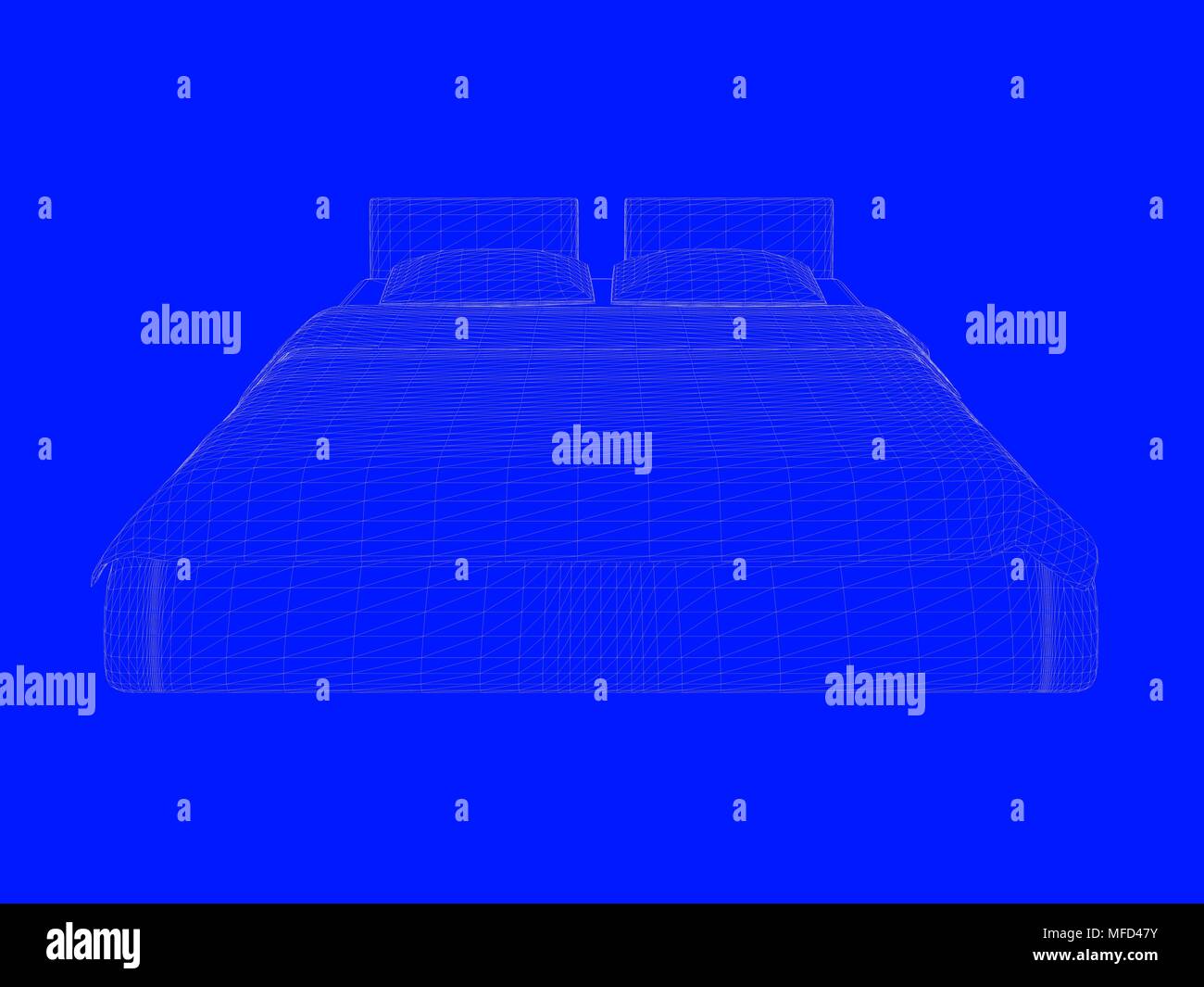 3d rendering of a bed blueprint as lines on a blue background Stock
