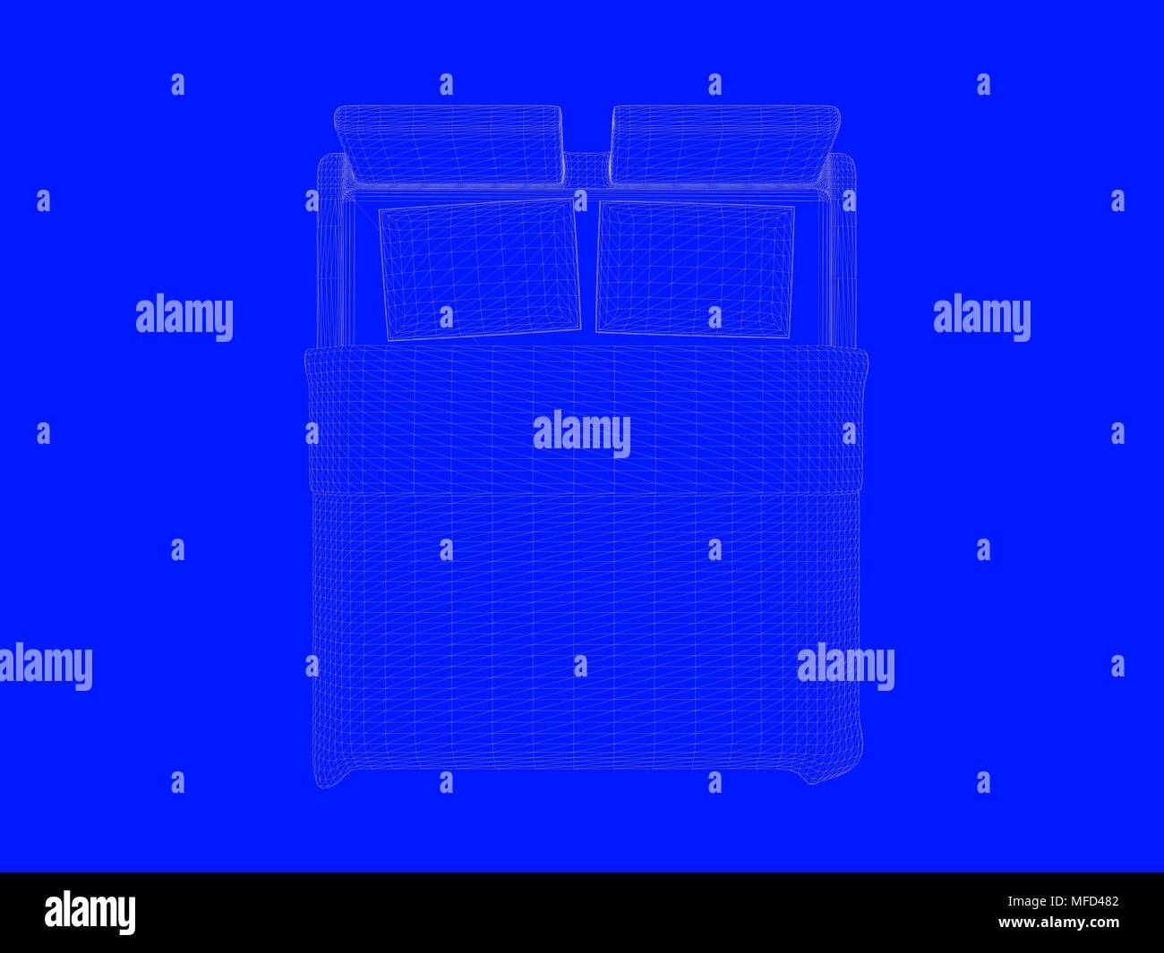 3d rendering of a bed blueprint as lines on a blue background Stock