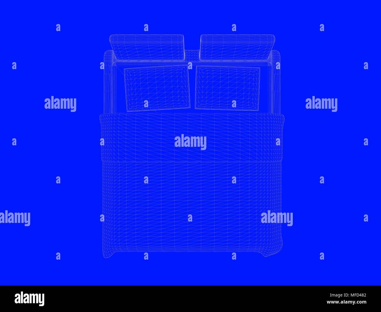 3d rendering of a bed blueprint as lines on a blue background Stock Photo