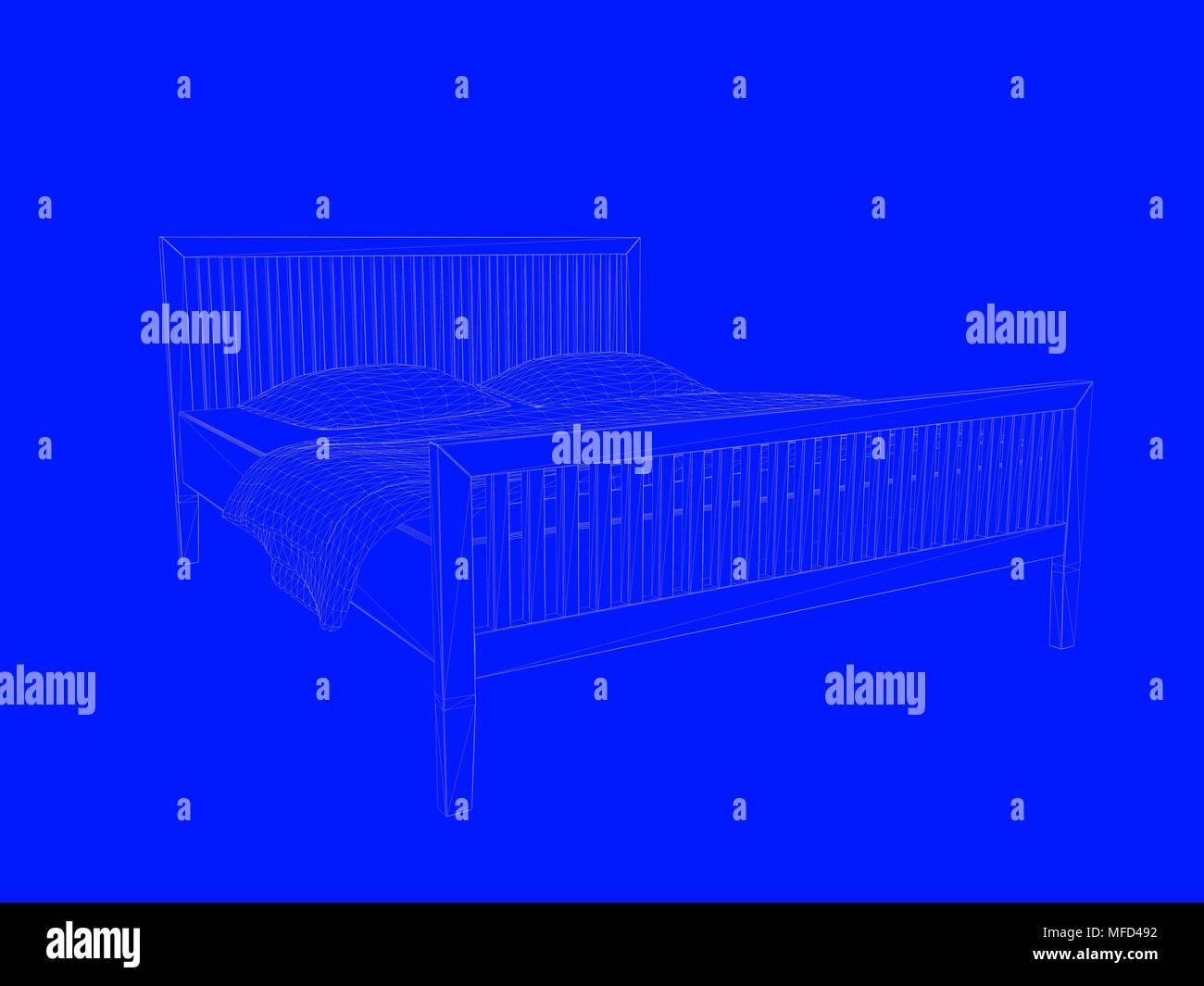 3d rendering of a bed blueprint as lines on a blue background Stock