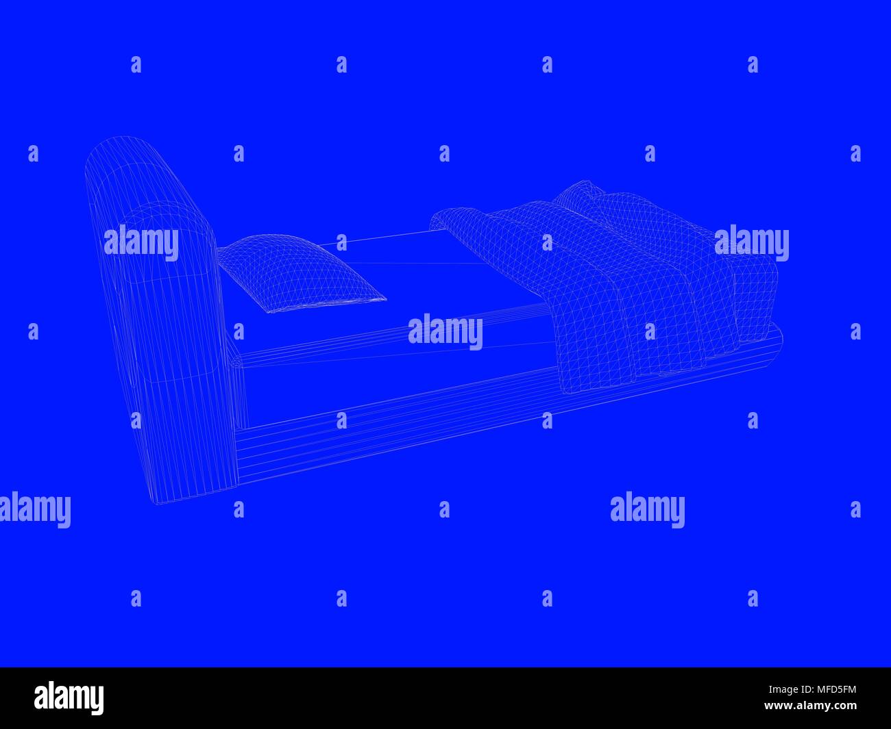 3d rendering of a bed blueprint as lines on a blue background Stock