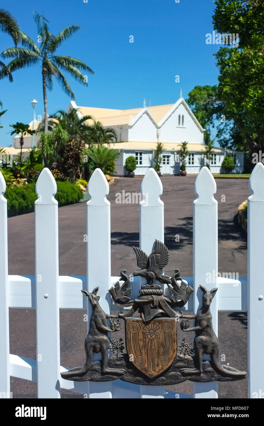 Coat of arms on the gates of the Northern Territory Government House, in Darwin, Northern Territory, Australia. Stock Photo
