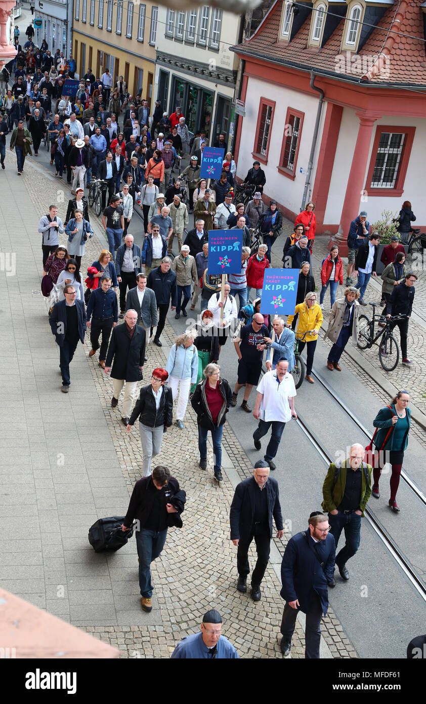 Erfurt Germany 25 April Germany Germany Erfurt Participants In A Demonstration Thuringia Wears Kippa Wearing Kippas In The City Centre Of Erfurt The Demonstration In Front Of The New Synagogue In Erfurt