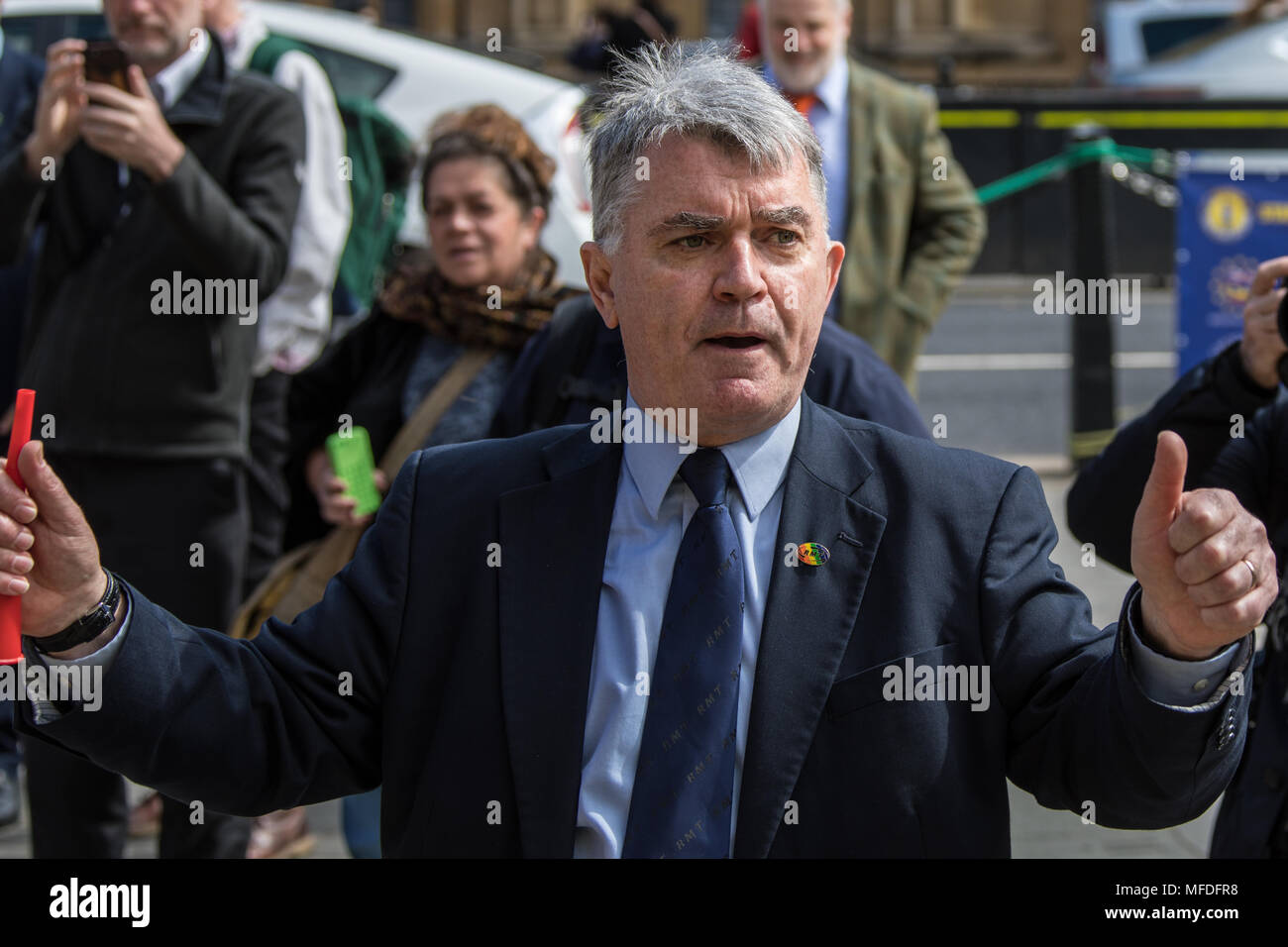 London, UK. 25 April 2018. Mick Cash, General Secretary of the RMT union. The RMT union hold a  ‘keep guards on trains’ protest at Parliament highlighting lack of Government involvement in the long running dispute. Credit: David Rowe/Alamy Live News Stock Photo