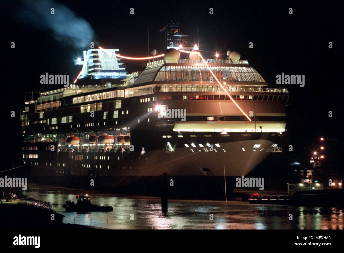 The luxury cruise ship 'Galaxy', built at Papenburg's Meyer shipyard, will continue its Uberfuhrungsfahrt on the Ems to the Dutch North Sea port Emshaven in the aftert 17.10.1996 at Leer. There, the interior of the 77700 gt large ocean liner is to be completed. After extensive test drives in the North Sea, the ship will be handed over to the end of November in Hamburg. | usage worldwide Stock Photo