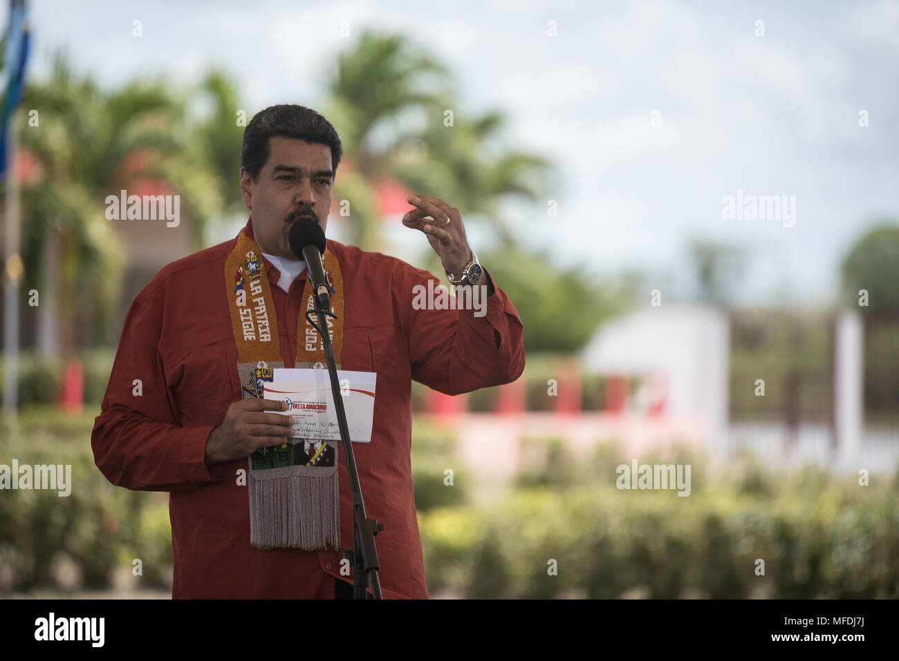 Venezuela, Tucupita, 24th april 2018. The president of Venezuela, Nicolás Maduro speaks at the airport in the city of Tucupita, capital of the state of Delta Amacuro (east), where he arrived to participate in a campaign event. Marcos Salgado / Alamy News Stock Photo