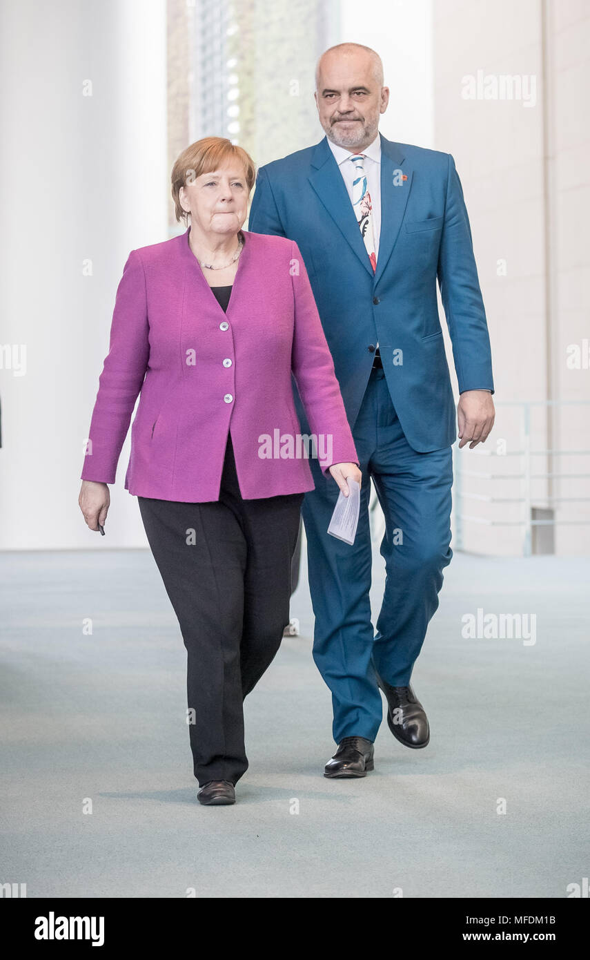 25 April 2018, Germany, Berlin: Federal Chancellor from the Christian  Democratic Union (CDU), Angela Merkel, with Albanian Prime Minister Edi Rama  before talks at the chancellery. Photo: Michael Kappeler/dpa Credit: dpa  picture