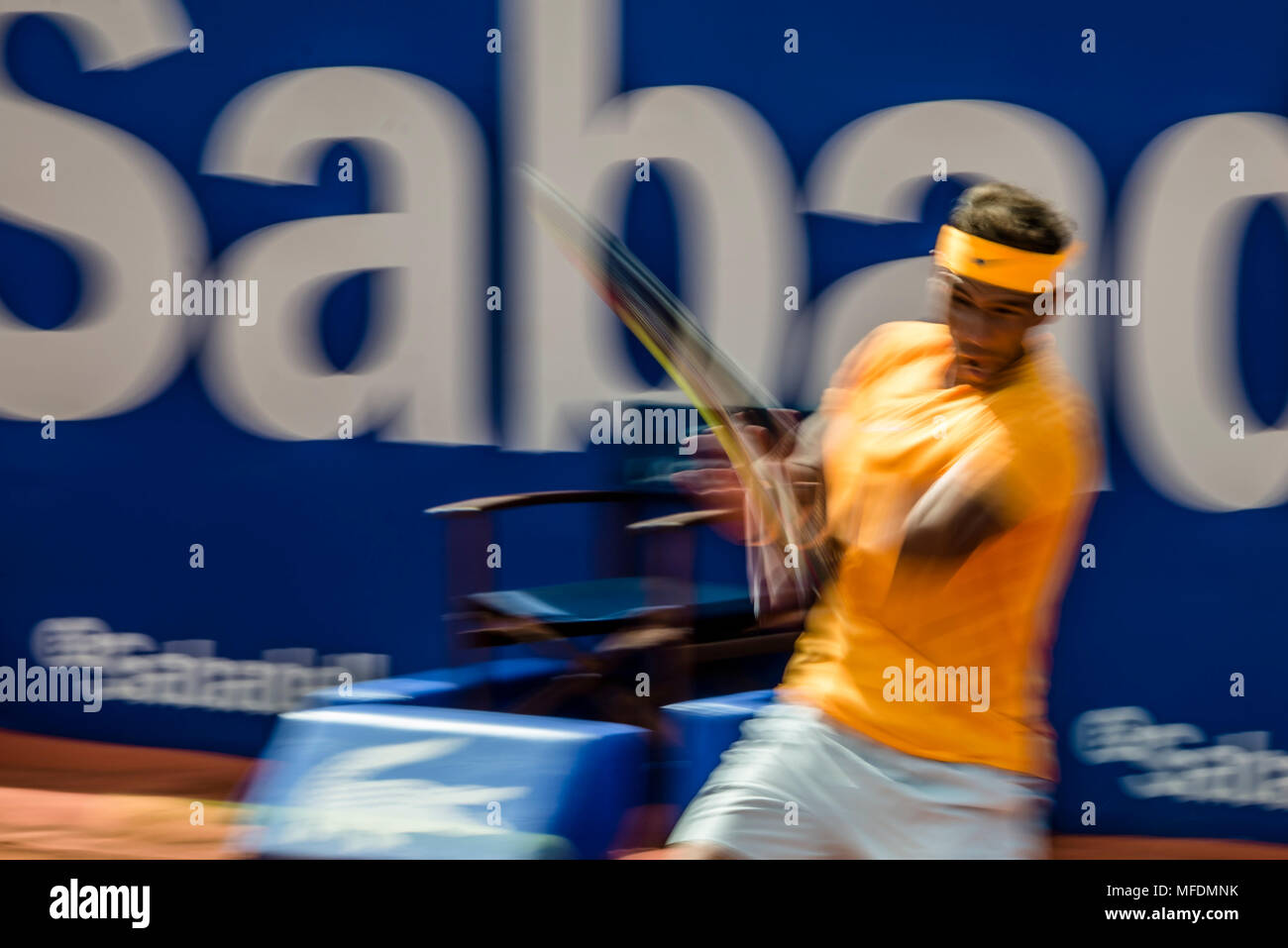 Barcelona, Spain. 25 April, 2018:   RAFAEL NADAL (ESP) returns the ball to Roberto Carballes Baena (ESP) during Day 3 of the 'Barcelona Open Banc Sabadell' 2018. Nadal won 6-4,6-4 Credit: Matthias Oesterle/Alamy Live News Stock Photo