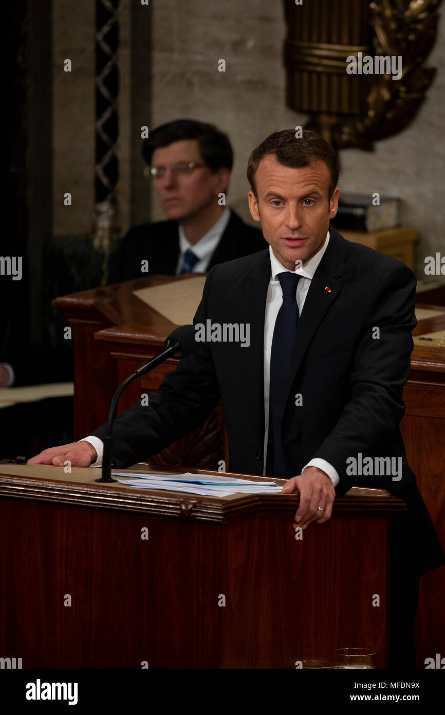 French President Emmanuel Macron delivers a joint address to the United States congress at the United States Capitol in Washington, DC on April 25, 2018. Credit: Alex Edelman / CNP Stock Photo