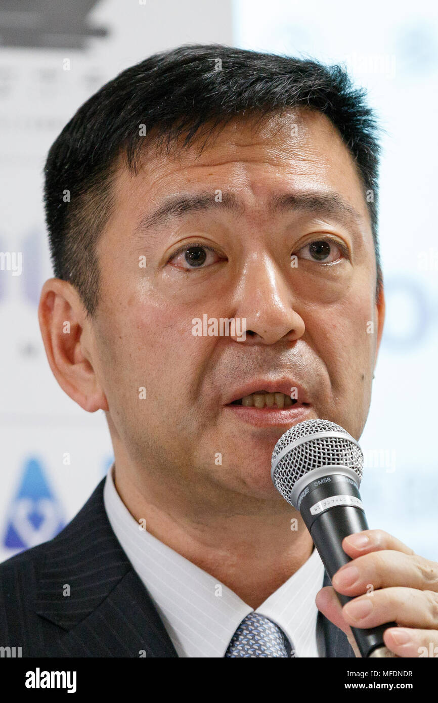 IDO MEDICAL Co., Ltd. president Yasunari Kageyama speaks during a news conference on April 25, 2018, Tokyo, Japan. Sawada announced an alliance with IDO MEDICAL to set up an AI (Artificial Intelligence) Robot Clinic in its new branch of Henn-na (Weird) Hotel located near to Hamamatsucho Station. Credit: Rodrigo Reyes Marin/AFLO/Alamy Live News Stock Photo