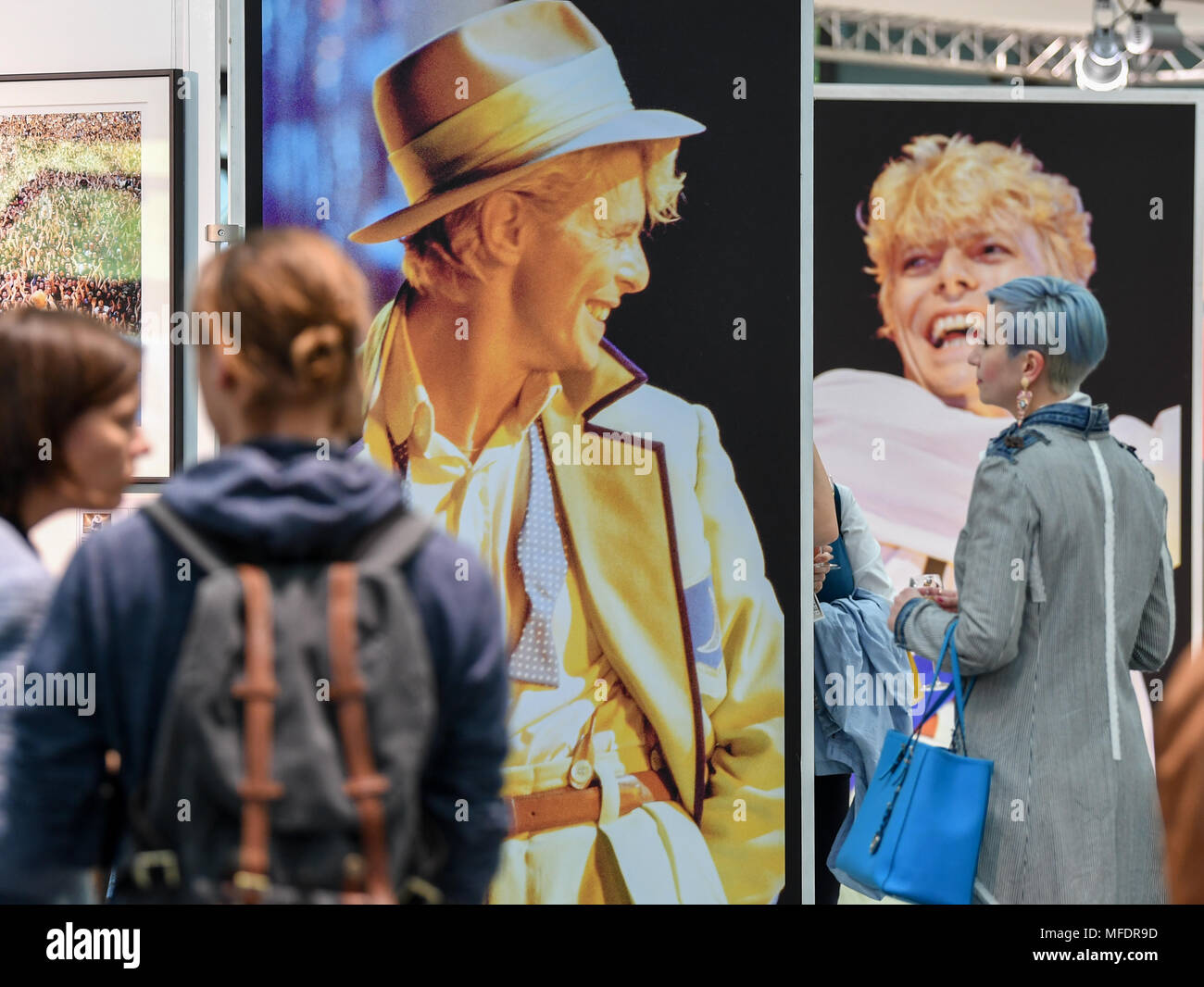 25 April 2018, Germany, Berlin: A pop-up exhibition 'David & I' from artist Denis O'Regan has 50 photos of David Bowie opened at the car exhibition from Aston Martin with support from the British embassy. O'Regan accompanied Bowie at many events and offers a special insight into backstage moment. Photo: Jens Kalaene/dpa-Zentralbild/dpa - ATTENTION: only for use in full format Stock Photo