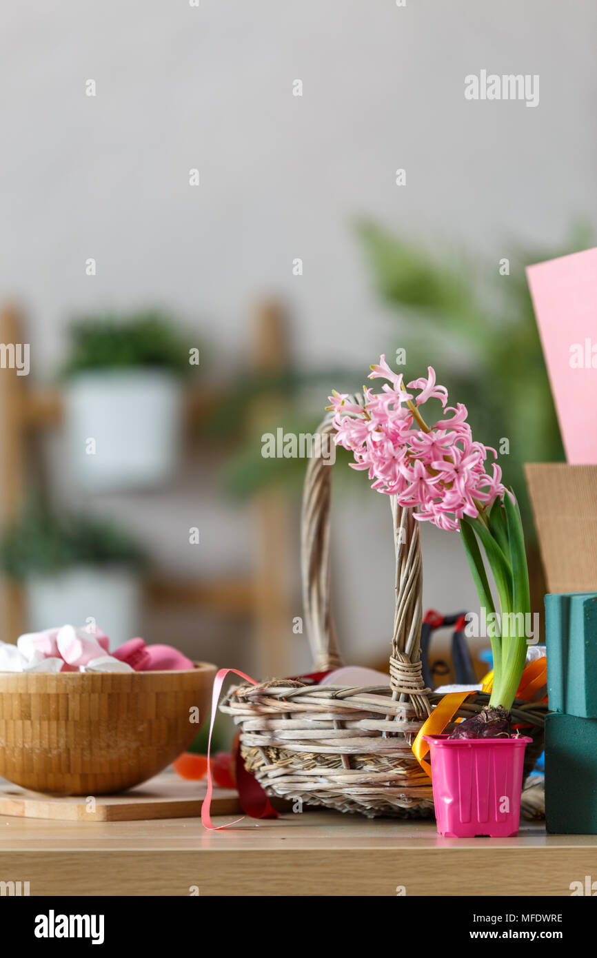 Image room of florist with marshmallow, gift boxes Stock Photo