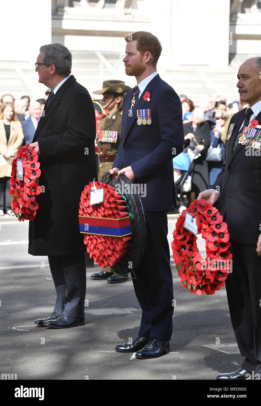 Prince Harry attends a wreath laying ceremony and parade at the Cenotaph in  Whitehall, central London, to commemorate Anzac Day Stock Photo - Alamy