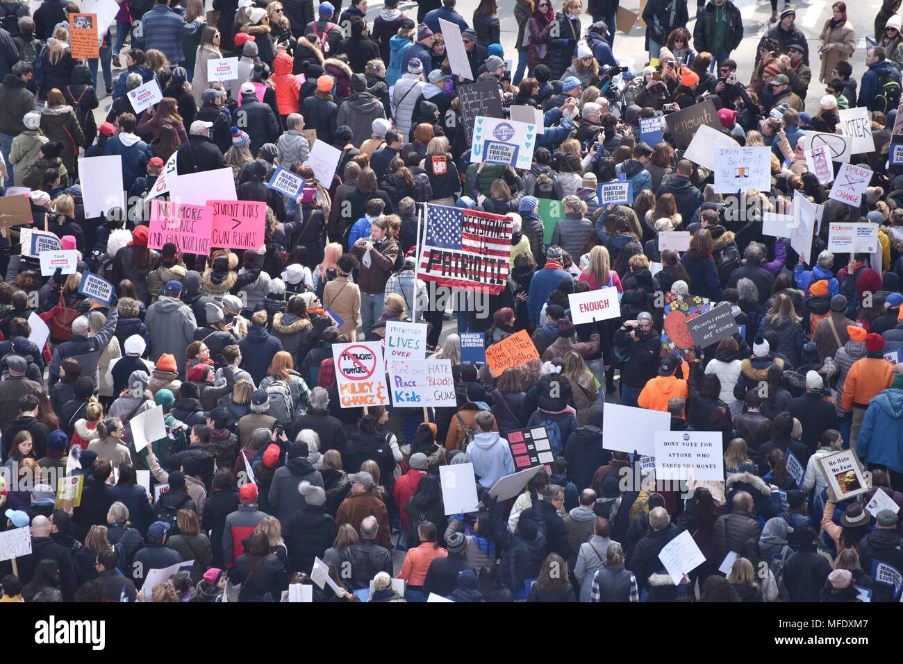 Thousands of demonstrators walk down midtown 6th Avenue during the March For Our Lives in New York City, New York, following the shooting at Marjory Stoneman Douglas High School, in Florida, which killed 17 people.  Featuring: atmosphere Where: New York City, New York, United States When: 24 Mar 2018 Credit: LK/WENN Stock Photo