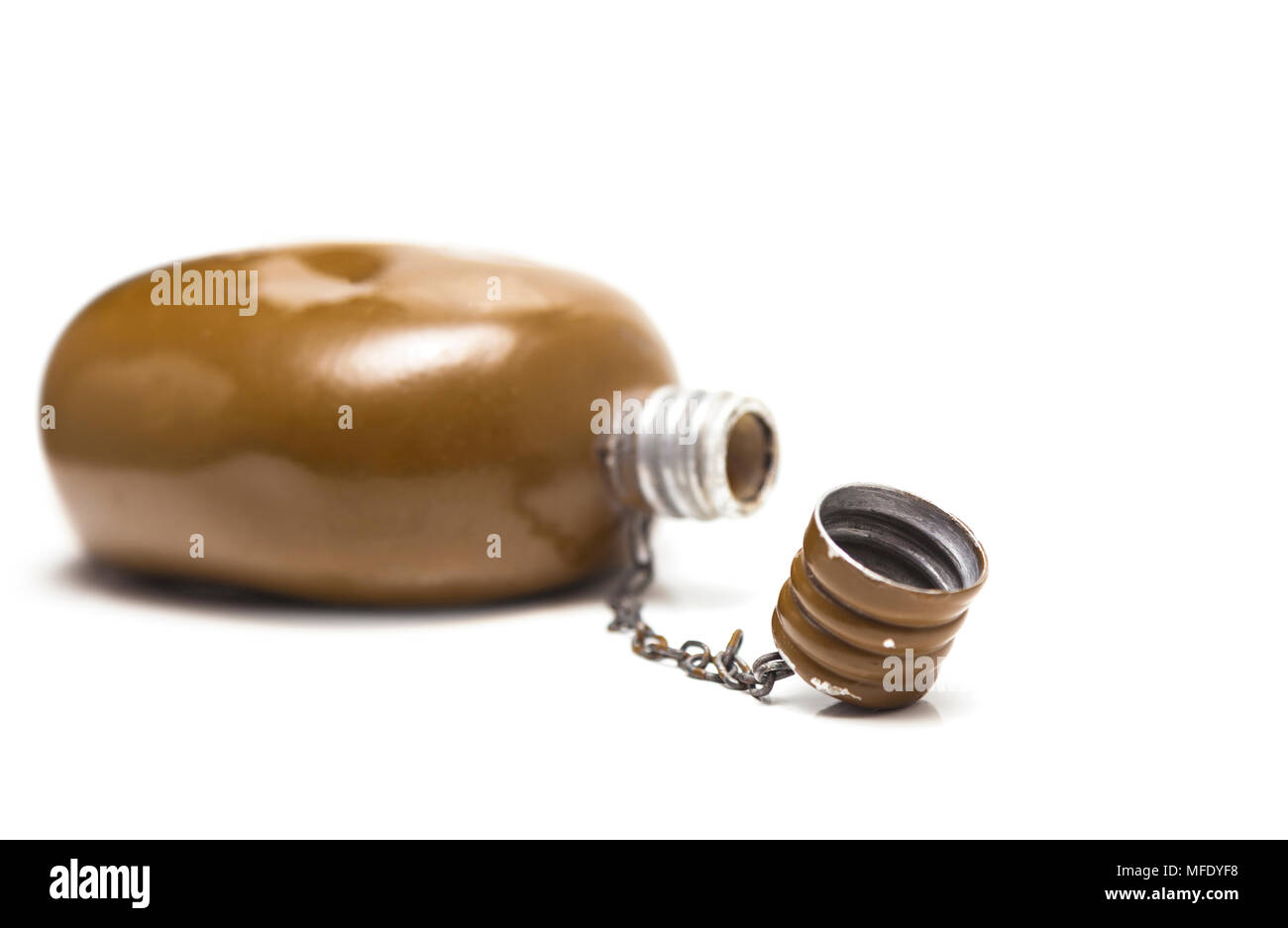 Old Military canteen. Army water canteen isolated on a white background. Military water bottle