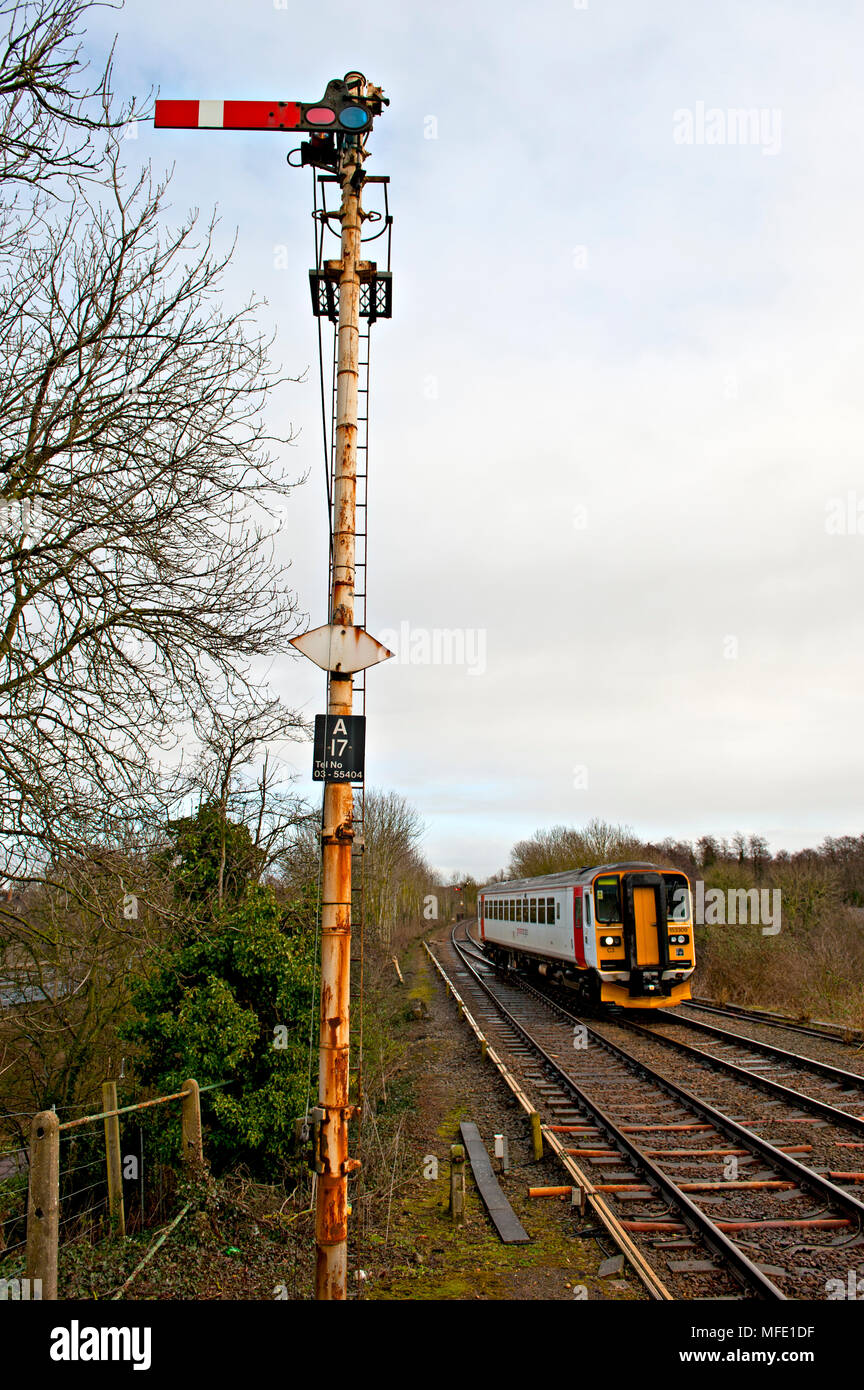 Mechanical semaphore starting signal at Acle Railway Station, Norfolk, UK Stock Photo