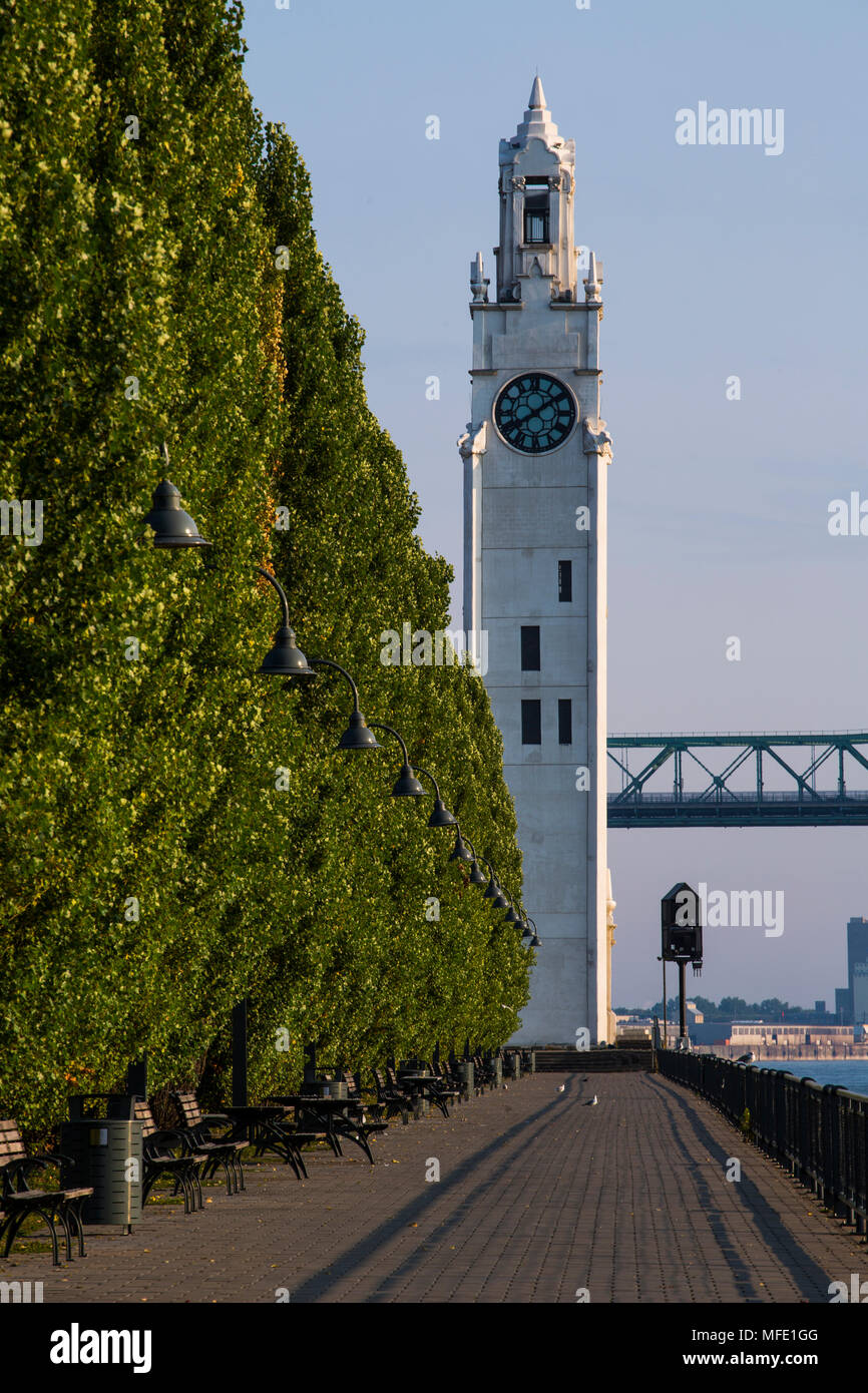 Clock Tower and boardwalk old Montreal at Vieux Port, Montreal, Quebec, Canada Stock Photo