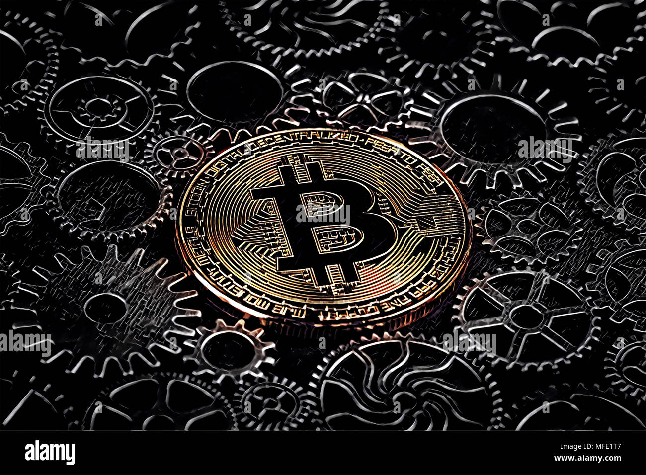 Glowing bitcoin with cogs digital Illustration. Digital money concept ...