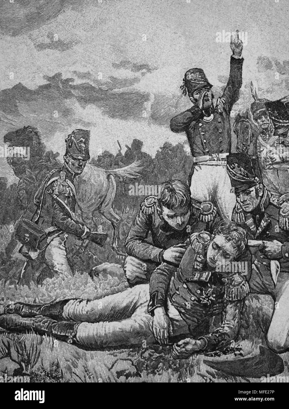 Death of Sir John Moore (British army) at the Battle of Corunna. 1809. Peninsular War. Napoleonic Wars. Engraving, 19th century. Stock Photo