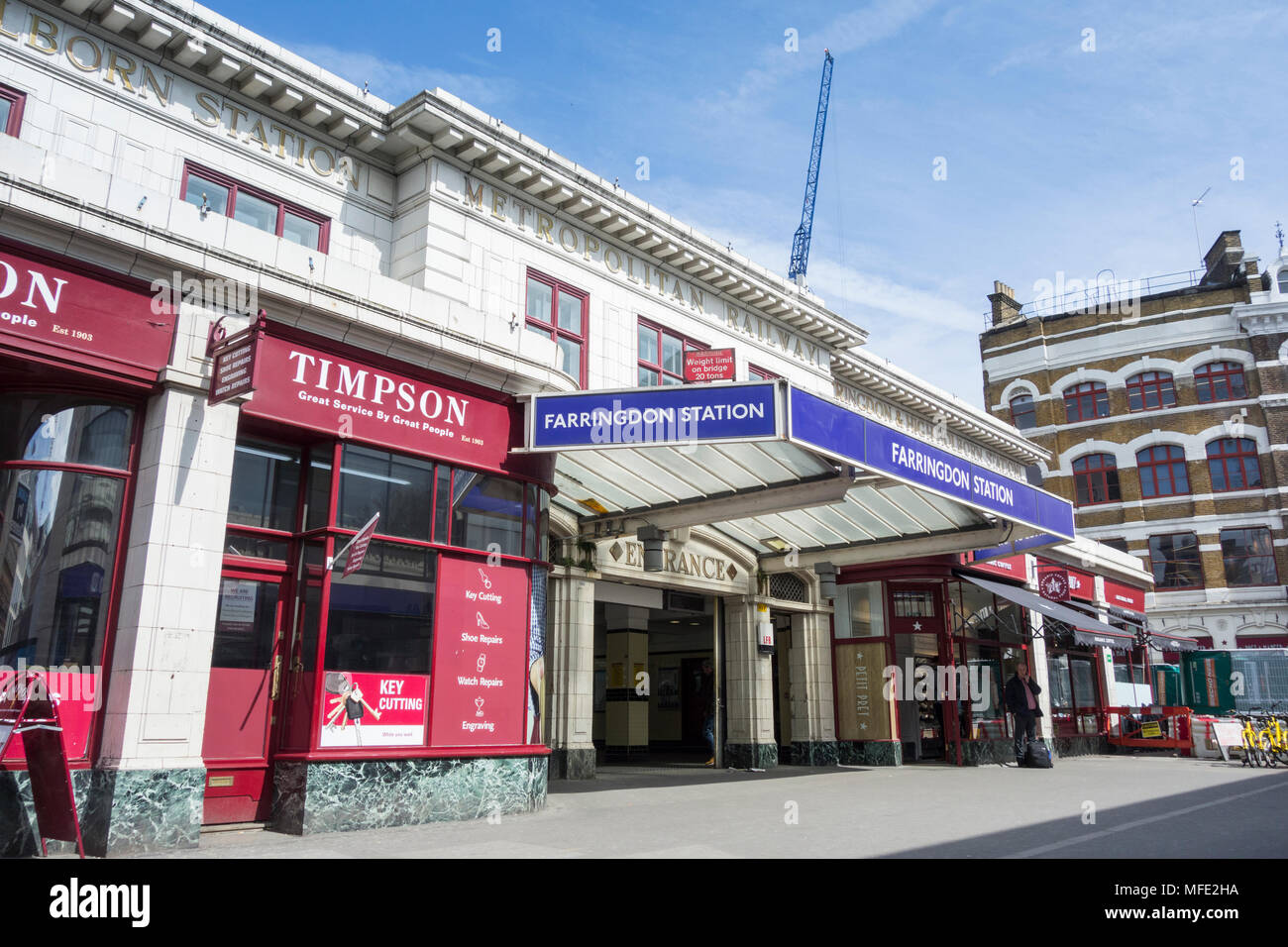 Exterior view of entrance to Farringdon Underground Station, London