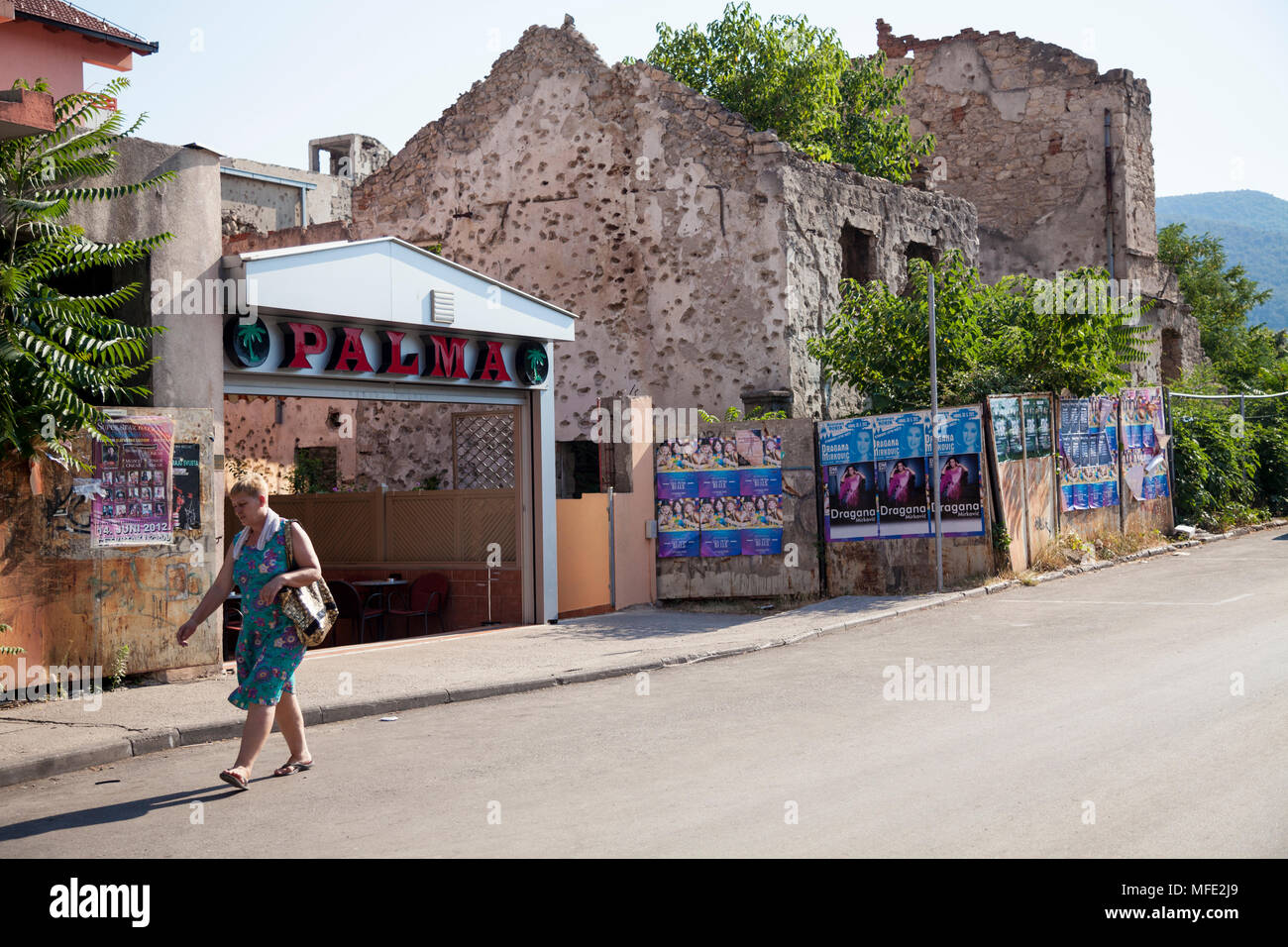 A bombed out building from the Bosnian War in Mostar, Bosnia and Herzegovina Stock Photo