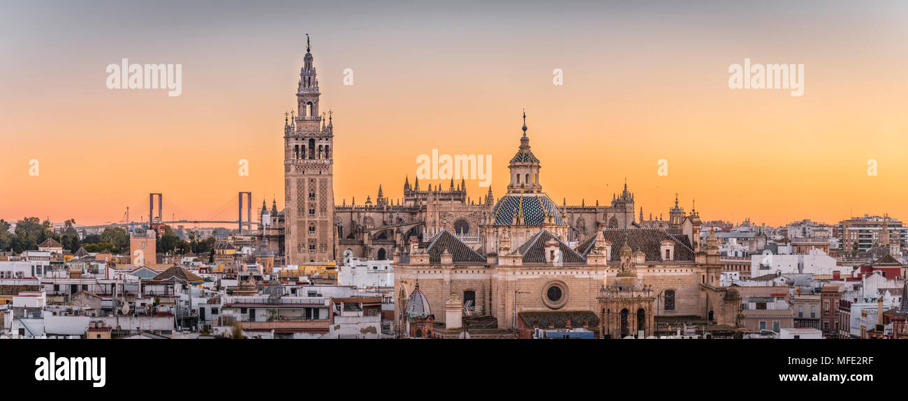 City view with views of La Giralda and Iglesia del Salvador at sunset, bell tower of the cathedral of Sevilla, Catedral de Santa Stock Photo