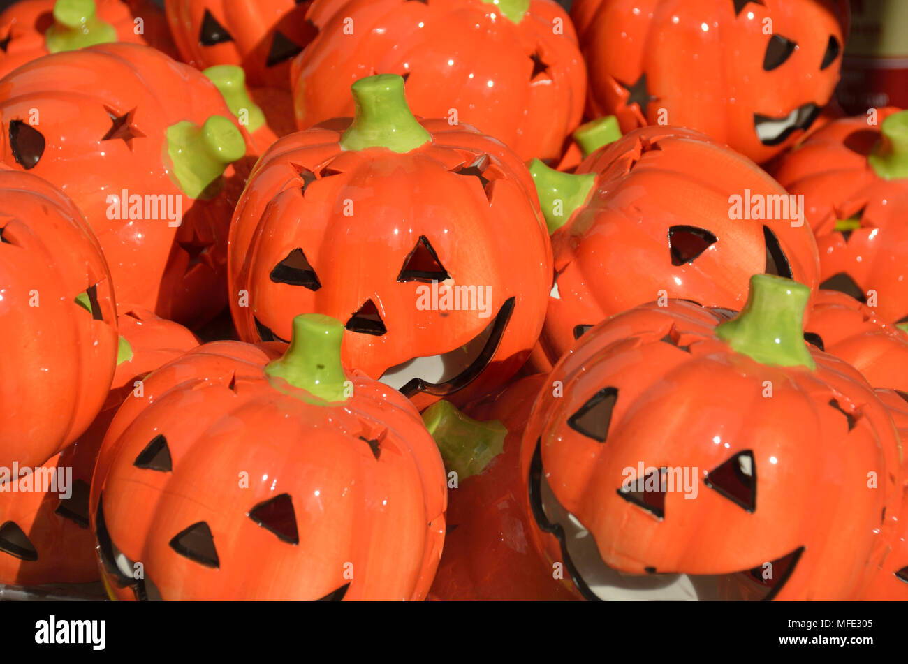 Jack-o'-Lantern Halloween pumpkins carved faces Stock Photo
