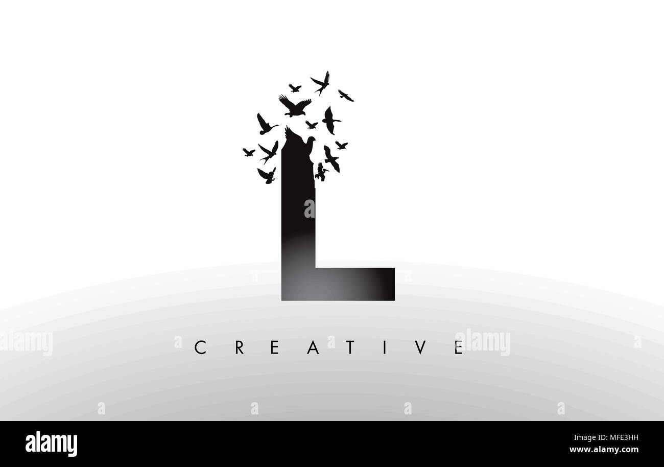 L Logo Letter with Flying Flock of Birds Disintegrating from the Letter