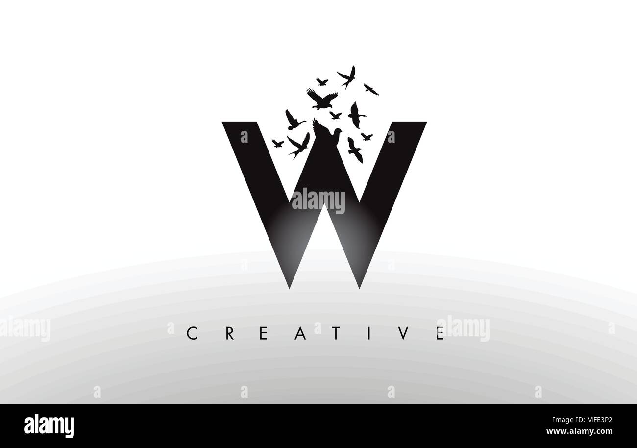 W Logo Letter with Flying Flock of Birds Disintegrating from the Letter. Bird Fly Letter Icon. Stock Vector
