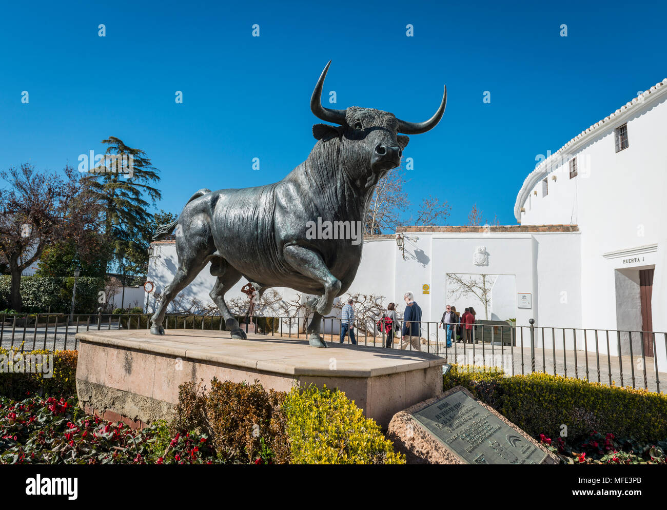 Sculpture, bull figure at the Plaza de Toros de Ronda, in front of the bullring, Ronda, province of Malaga, Andalusia, Spain Stock Photo