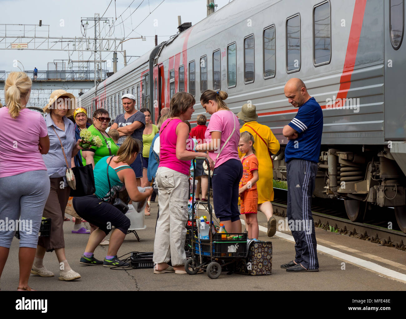 Petrozavodsk, Russia - June 18, 2017: Trade in products from trains at the railway station Petrozavodsk Stock Photo
