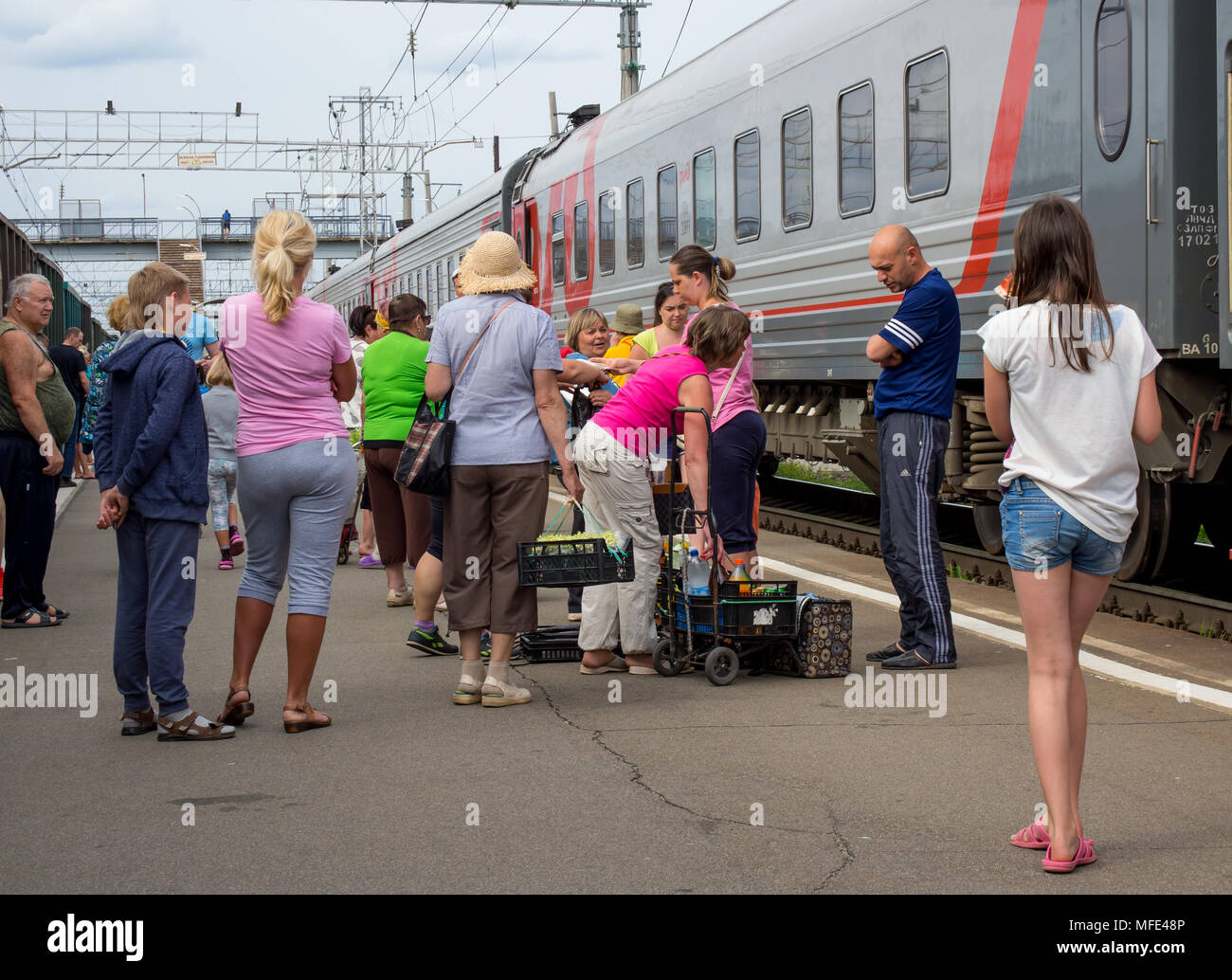 Petrozavodsk, Russia - June18, 2017: Trade in products from trains at the railway station Petrozavodsk Stock Photo