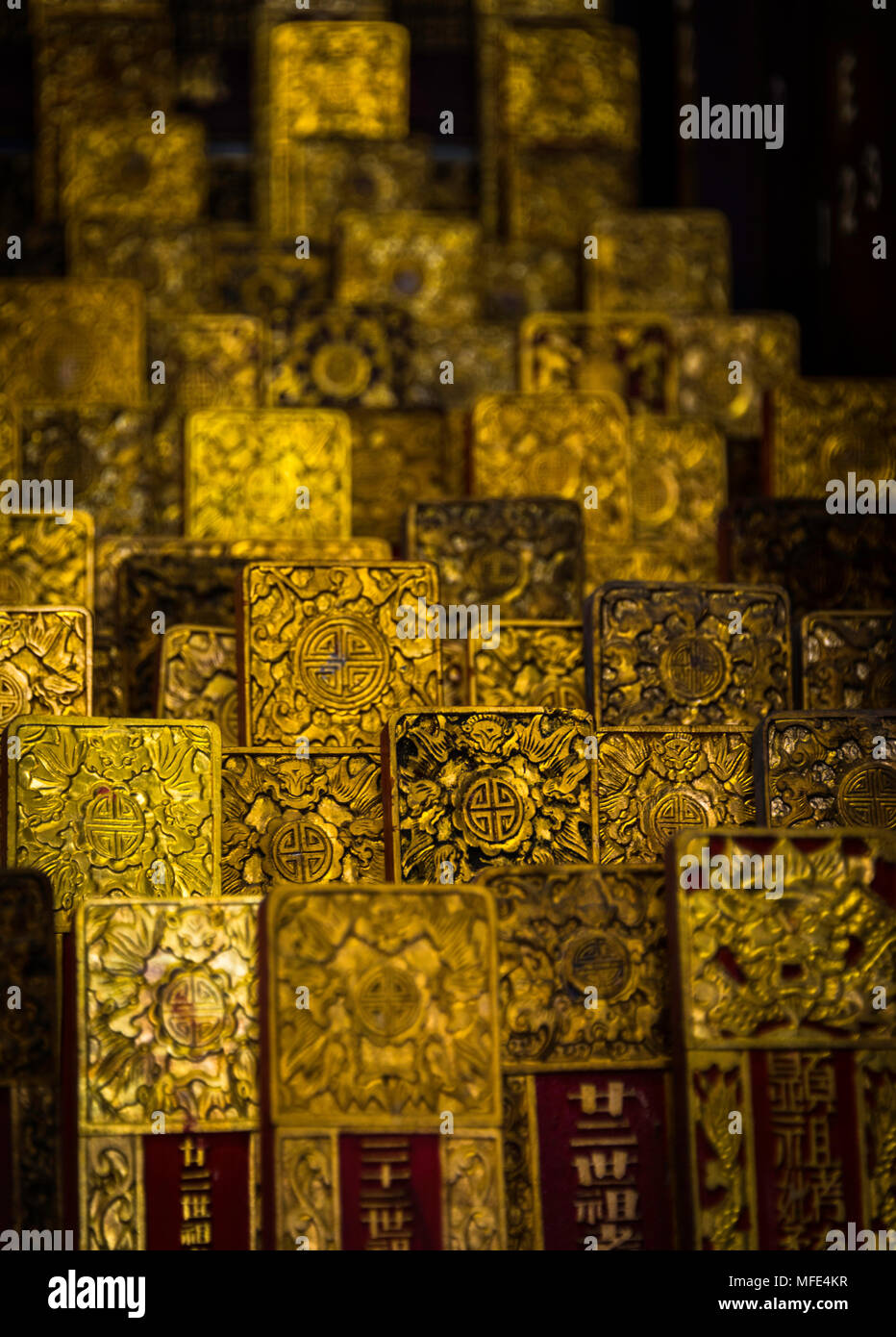 Altar with Golden Pedigrees, Memorial Plaques in the Pedigree Temple, Leong San Tong Khoo Kongsi, Chinese Clan House, Temple Stock Photo