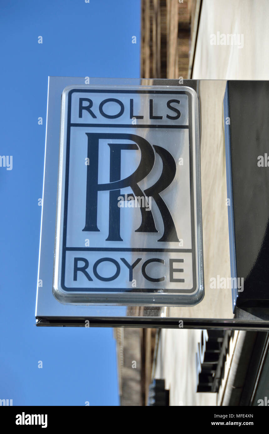 Rolls-Royce sign outside car showroom in Berkeley Square, Mayfair, London. Stock Photo