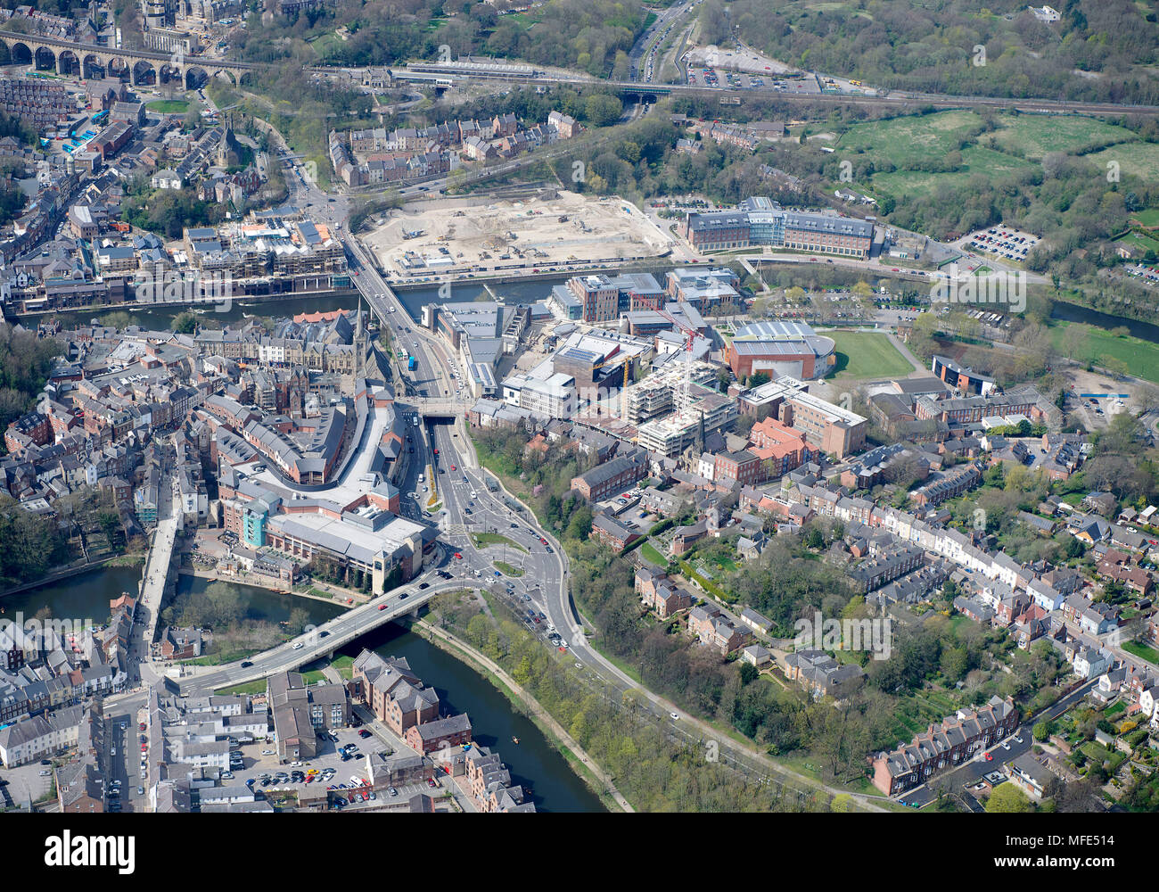 An aerial view of Durham City Centre, showing new retail development, North East England, UK Stock Photo