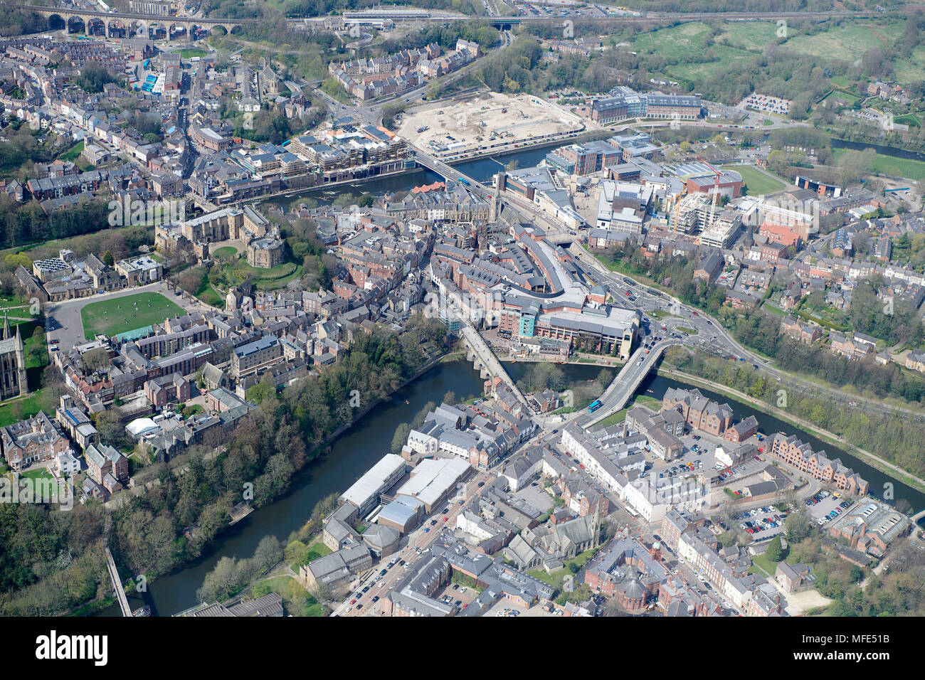 An aerial view of Durham City Centre, showing new retail development, North East England, UK Stock Photo