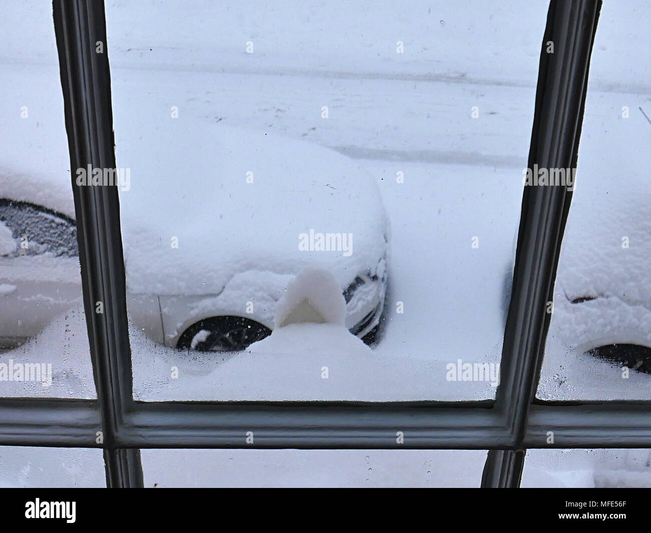 Snow outside window UK Stock Photo