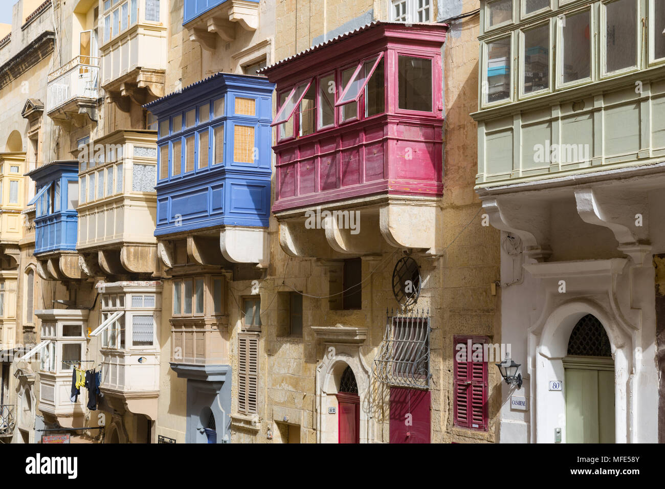 Colourful traditional balconies in Valletta Stock Photo