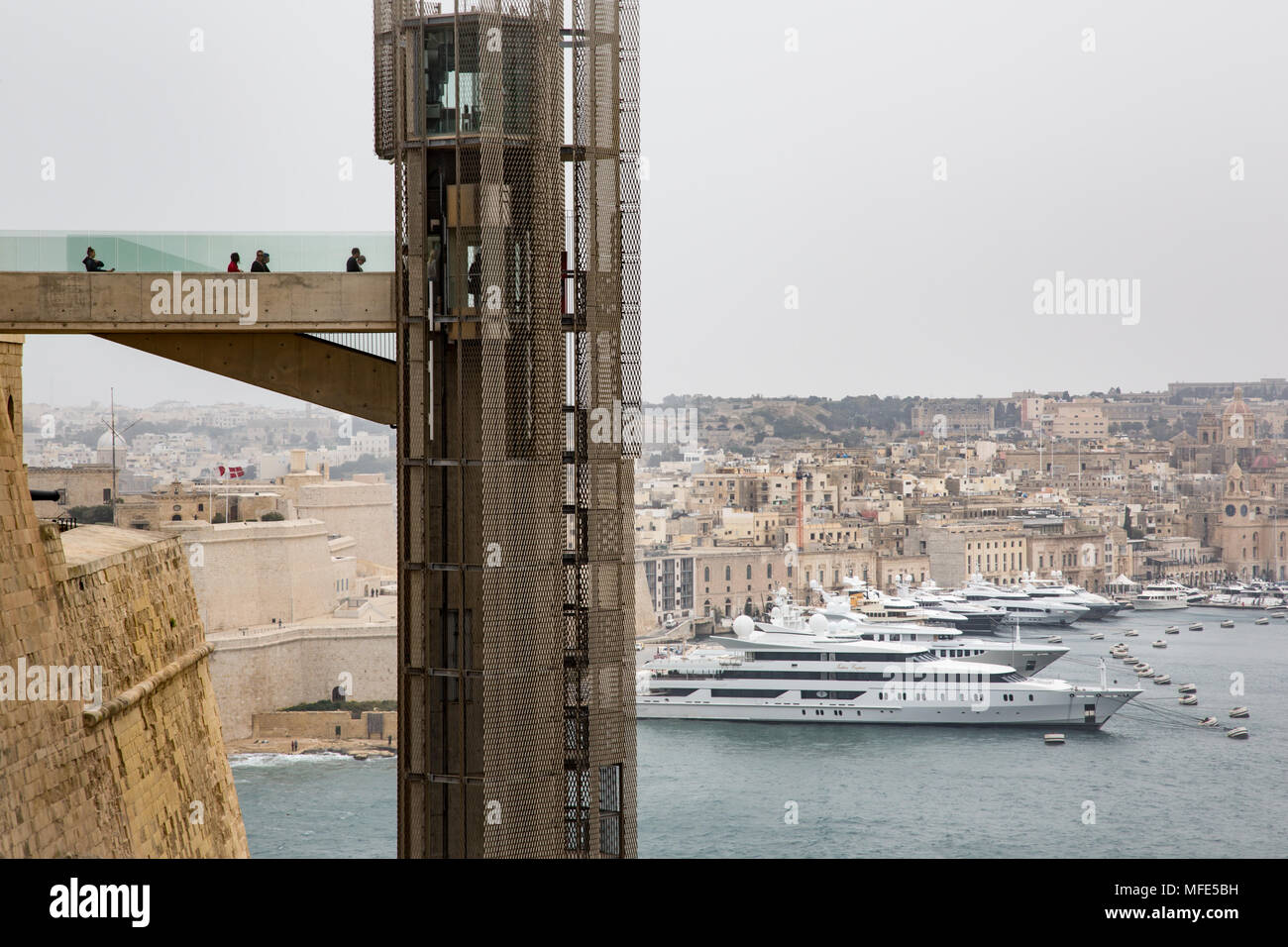Upper Barrakka lift, linking the Grand Harbour to the Upper Barrakka Gardens and Valletta city centre. Stock Photo